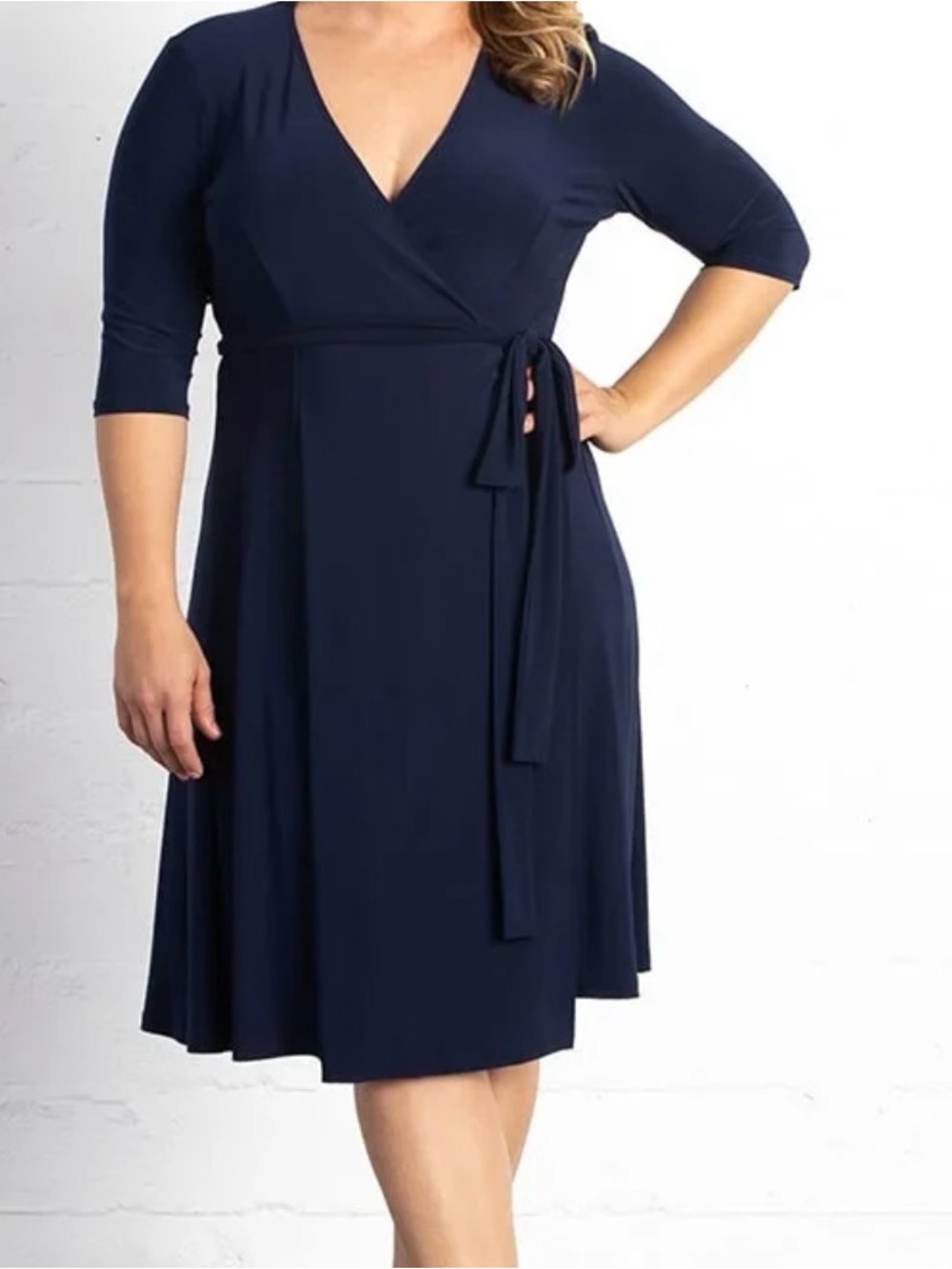 Kiyonna Navy Wrap Midi Dress with Tie Waist